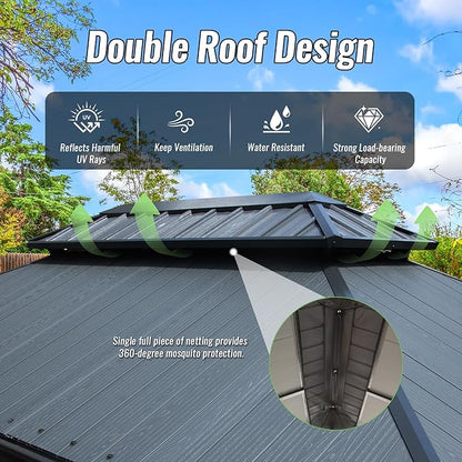 Domi 12’x16’ Outdoor Gazebo Hardtop with Gutters, Patio Gazebo Canopy with Resin & Metal Roof, Heavy Duty Permanent Pavilion for Backyard, Garden, Deck, Hot Tub, Curtains and Mosquito Netting Included