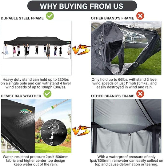 COBIZI 10x30 Pop Up Canopy Without Sidewall,Heavy Duty Canopy UPF 50+ All Season Wind Waterproof Commercial Outdoor Wedding Party Tents for Parties Gazebo with Roller Bag(10 x 30 ft Black)