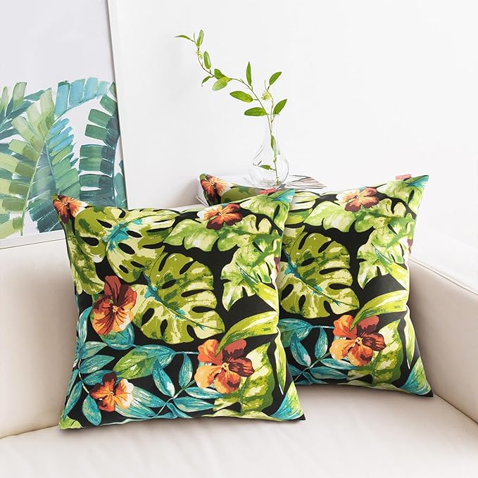 Throw Pillow Covers Set of 2,Outdoor Indoor Waterproof Decorative Patio Throw Pillowcase Shell 18x18 Inch, Square Cushion Case for Couch Sofa Garden Farmhouse Decoration-Tropical Green Leaves