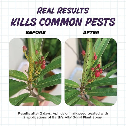 Earth's Ally 3-in-1 Plant Spray 32 oz Conc. Makes 4 gal | Insecticide, Fungicide & Spider Mite Control for Organic Gardening