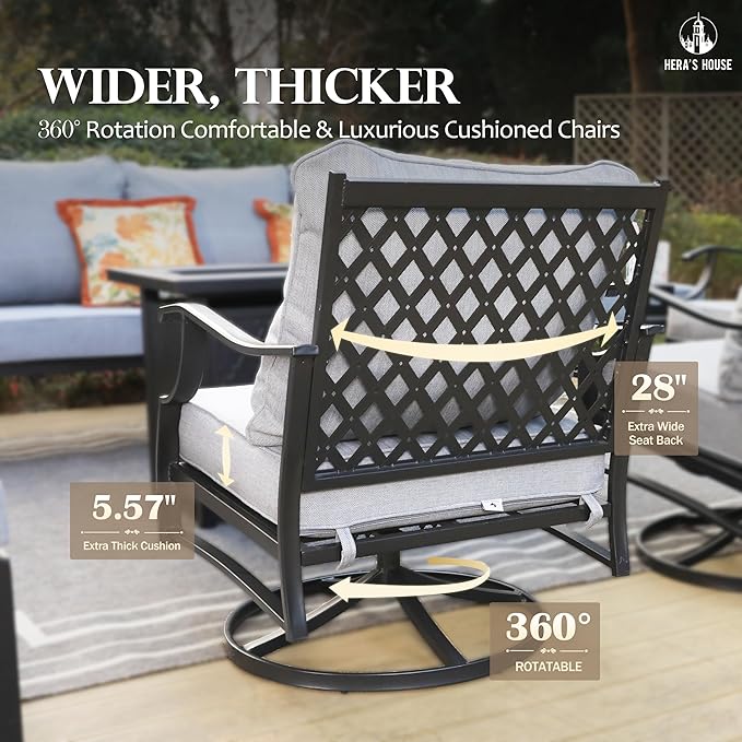 HERA'S HOUSE 4 Pieces Patio Furniture Set with Fire Pit Table, 2 x Swivel Cushioned Chair, 3-Seat Sofa with 45" Fire Pit Table, Outdoor Conversation Set for Garden, Poolside, Backyard, Grey