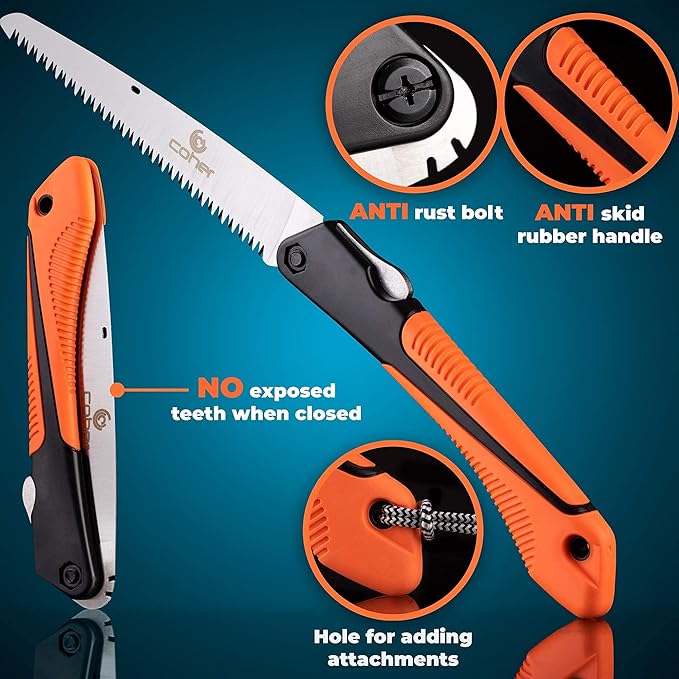 Folding Hand Saw for Tree Pruning, Camping, Gardening, Hunting. Cutting Wood, PVC, Bone with Ergonomic Handle Design