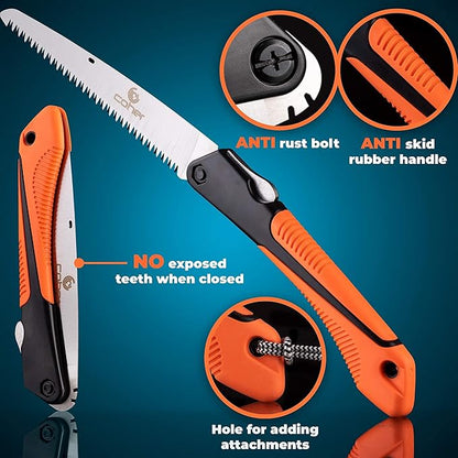 Folding Hand Saw for Tree Pruning, Camping, Gardening, Hunting. Cutting Wood, PVC, Bone with Ergonomic Handle Design