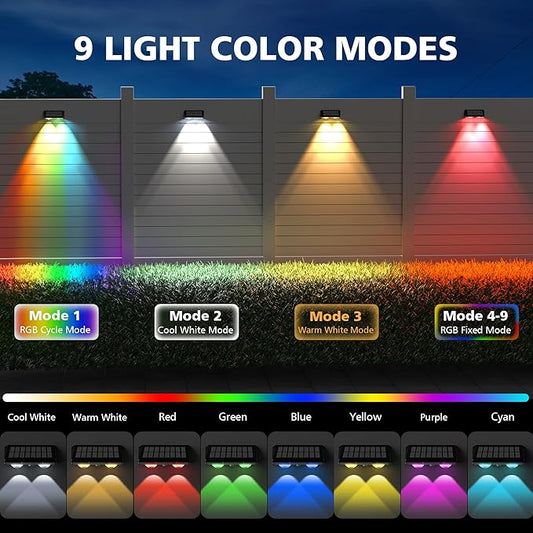 APONUO Solar Fence Lights Outdoor Waterproof, Fence Lights Solar Powered, 9 RGB Color Modes&Warm White&Cool White, Fence Solar Light Outdoor for Backyard, Patio, Wall, Yard,Deck（Black, 12 Pack）