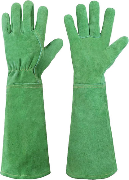 HANDLANDY Leather Gardening Gloves, Thorn Proof Long Gauntlet Heavy Duty Garden Gloves, Elbow Length Rose Pruning Weeding Yard Glove (Medium, Green)