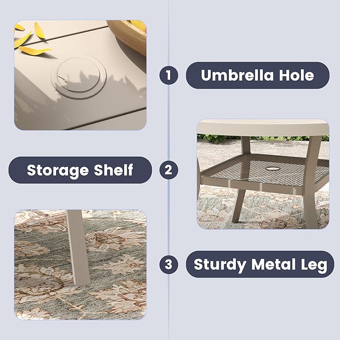 VICLLAX Outdoor Patio Round Dining Table, 47"x 47" Metal Slatted Round Tabletop with Adjustable Umbrella Hole for Deck Lawn Garden Backyard, Sandshell