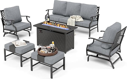 HERA'S HOUSE 6 Pieces Patio Furniture Set with Fire Pit Table, 2 x Rocking Chair, 2 x Ottoman, 3-Seat Sofa with 45" Fire Pit Table, Outdoor Conversation Set for Garden Poolside Backyard, Grey