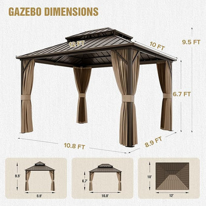 COOS BAY 12x10 Hardtop Gazebo with Aluminum Frame, Galvanized Steel Double Roof Outdoor Pavilion with Netting and Curtains, Dark Brown/Tan