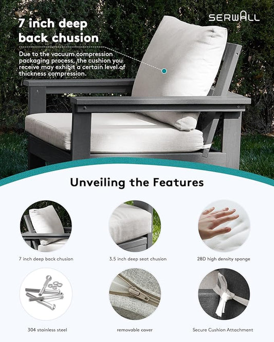 SERWALL HDPE Patio Conversation Set, 6-Piece Sectional Outdoor Furniture Set, All Weather Outdoor Couch Set Patio Furniture Set for Deck, Lawn, Grey Frame with Khaki Cushion