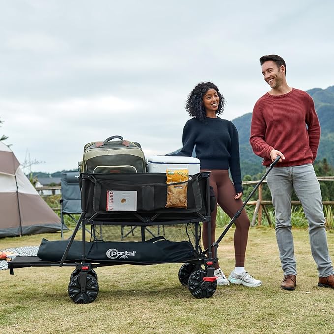 Portal Collapsible Large Double Decker Wagon with Brakes, 660lb Foldable Heavy Duty Utility Wagon Cart, 400L All-Terrain Big Wheels & 54" Extra Long Extender for Sports, Camping & Outdoor Use