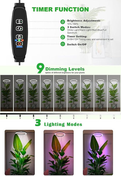 10" Grow Lights for Indoor Plants Full Spectrum, 160 LEDs Large Plant Light for Indoor Plants, Height Adjustable 11"-65" Growing Lamp with Auto On/Off Timer 3/9/12H, 9 Dimmable Brightness,White