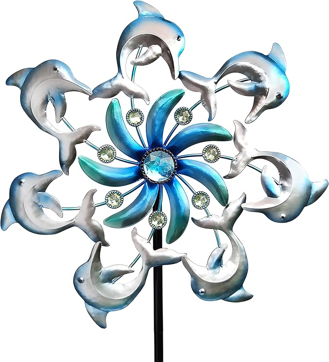 39" Dolphin Wind Spinners Metal Windmill Garden Stake,Ocean Theme Outdoor Wind Spinner,Wind Sculptures Yard Art Decorations for Patio,Lawn & Garden Decor