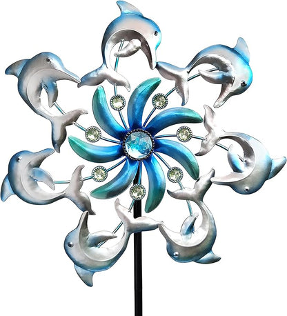 39" Dolphin Wind Spinners Metal Windmill Garden Stake,Ocean Theme Outdoor Wind Spinner,Wind Sculptures Yard Art Decorations for Patio,Lawn & Garden Decor