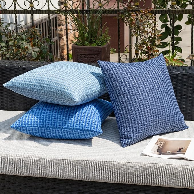 Kevin Textile Outdoor Waterproof Throw Pillow Covers Pack of 2 Weaving Texture Water Resistant Outside Decorative Cushion Covers for Garden Patio Tent Balcony Bench Couch Sofa 16x16 Inch, Navy Blue