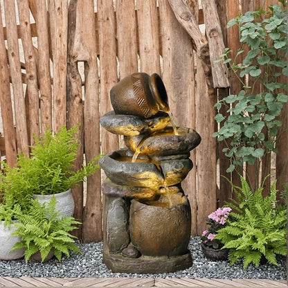 Outdoor Rock Garden Water Fountain for Garden, Patio, Backyard, Deck, Porch and Office, Living Room Home Art Decor, 3 Tiers Natural Cascading Outdoor Fountain with LED Lights 11“x9”x22