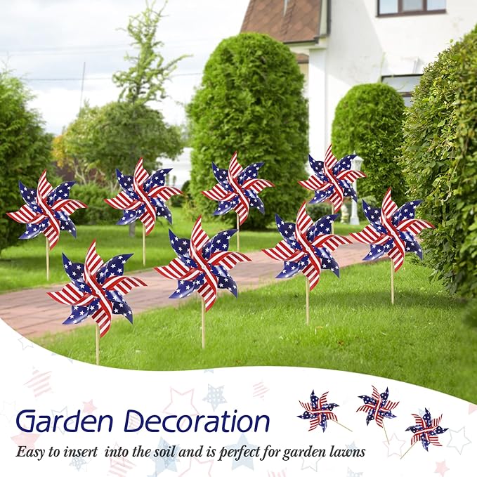 HOOSUN 12Pcs American Flag Patriotic Pinwheels for Yard and Garden,Red White and Blue Pinwheels Patriotic Decorations,Garden Wind Spinners Outdoor Veterans Day Decorations Pinwheel for Kids,Lawn,Patio