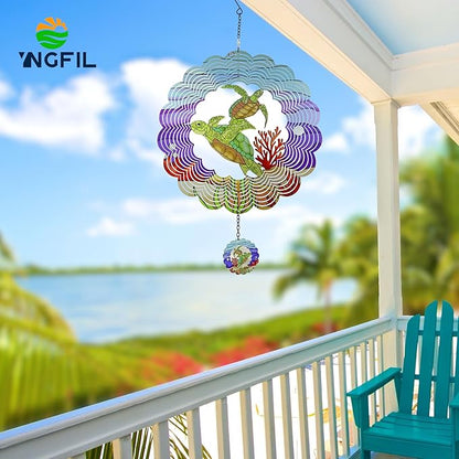 Turtle 3D Wind Spinner Kinetic Metal Art Hanging Wind Spinner Outdoor Decoration Ocean Ornaments Decor for Yard and Garden