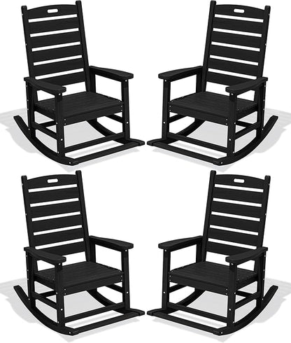 SERWALL Outdoor Rocking Chair Set of 4, Oversized HDPE Patio Rocking Chair with Footrest for Adults, All Weather Porch Rocker for Deck Patio Balcony, Black