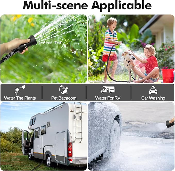 SPECILITE 5/8" Garden Hose 100 ft with High Flow Nozzle, Heavy Duty Flexible Hybrid Rubber Water Hose for Outdoor, Lightweight, Leak-Proof, No-Kink, 3/4"Stainless Steel Fittings,Black