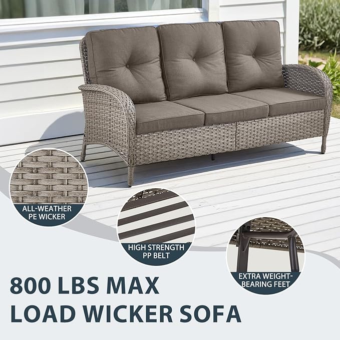 6 Piece Patio Furniture Set - Wicker Patio Conversation Set with Swivel Glider, 3-Seater Sofa, Tempered Glass Side Table and 2 Ottomans for Deck Backyard - Grey Wicker Grey Cushion