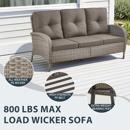 7 Piece Patio Furniture Set with Fire Pit Table - Wicker Patio Conversation Set with Swivel Glider, 3 Seat Sofa, Side Table and 2 Ottomans for Deck Backyard - Grey Wicker Grey Cushion