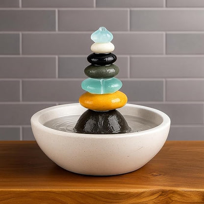 Natural Septuple Rock Cairn Water Fountain with Glass - Indoor Tabletop Water Fountain - Natural Stone & Recycled Glass Water Feature for Home and Office Decor