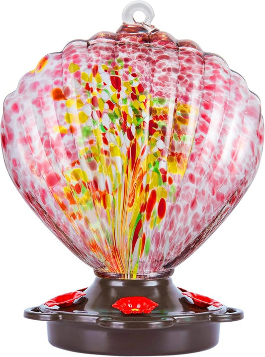 LUJII Seashell Shaped Hand Blown Glass Hummingbird Feeder for Outdoors Hanging, Rust Proof & Leak Proof, 25 fl.oz, Unique Gardening Gift for Friends, Garden & Backyard Decor, Purple