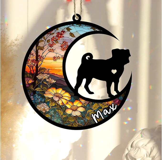 Personalized Dog Memorial, Custom Name Pug Dog Christmas Ornament with Name, Custom Breeds, Pet Loss Light Catcher, Gifts for Lovers Loss of Pet Sympathy on Mothers Day Christmas