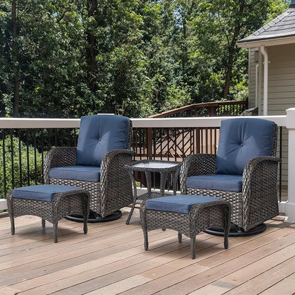 Outdoor Swivel Glider Rocker Chairs Set- 5 Piece Patio Furniture Set, Patio Bistro Sets with Tempered Glass Side Table and 2 Ottoman, for Balcony, Porch - Brown Wicker, Blue Cushion