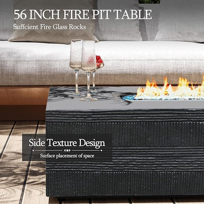UPHA 56-inch Outdoor Propane Gas Fire Pit Table 50000 BTU Concrete Round FirePit for Outside Patio with Propane Tank Cover, Blue Glass Rocks, Rain Cover, Grey Texture