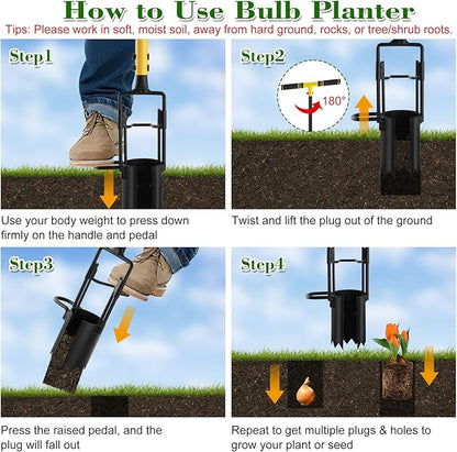 Bulb Planter Tool Long Handle, Plant Hole Digger with Soft Grip and Serrated Base, Heavy Duty 5-in-1 Sod Lawn Grass Plugger Tool Planting Digger Garden Transplanter for Tulips Iris Flower