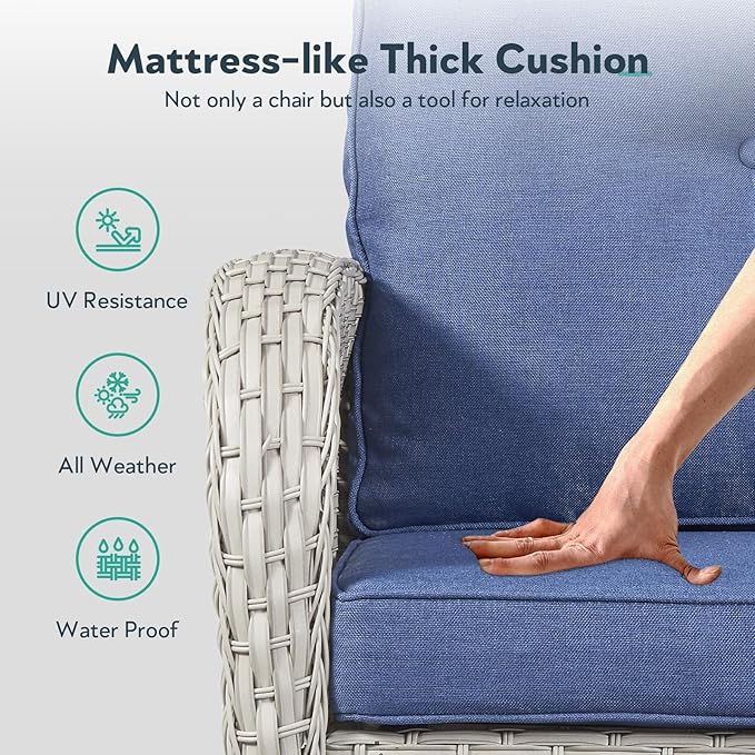 Outdoor Swivel Glider Rocker Chairs - 3 Piece Wicker Patio Furniture Set, All Weather Patio Bistro Set with Glass Side Table for Balcony Porch Deck Backyard - Light Beige Wicker Blue Cushion