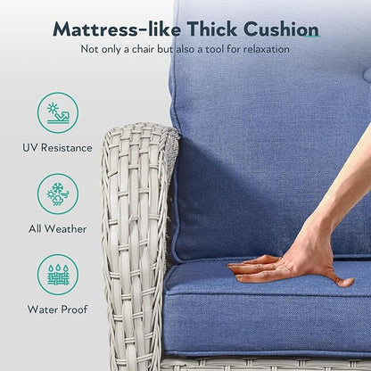 Outdoor Swivel Glider Rocker Chair Set of 4 - Wicker Patio Furniture Set All Weather Conversation Set with 2 Tempered Glass Side Table for Deck Backyard - Light Beige Wicker Blue Cushion