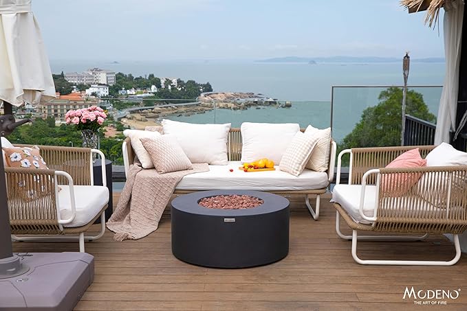 AMS Fireplace | Modeno Venice Package | Black Natural Gas Fire Pit Table for Outside Patio Bundle with Wind Guard, and SS Burner Lid | Free Rubber Mat & Ice Bucket