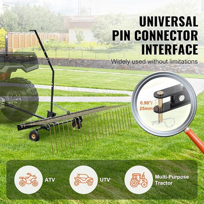 VEVOR Tow Behind Dethatcher, 60-inch Tow Dethatcher with 24 Steel Tines, Lawn Dethatcher Rake for ATV or Mower, Tow Behind Lawn Rake with Lift Handle for Leaves, Pine Needles, and Grass
