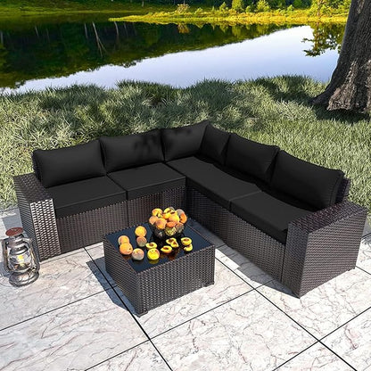 Outdoor Patio Furniture Set, 6 PCS Outdoor Furniture All Weather Patio Sectional Sofa PE Wicker Modular Conversation Sets with Coffee Table,5 Chairs & Seat Clips Black