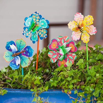 Topadorn Metal Floral Garden Stakes Waterproof Wind Spinner Decor - Colorful Windmill Design for Patio, Lawn, Garden, for Plant Lovers,4 Pack