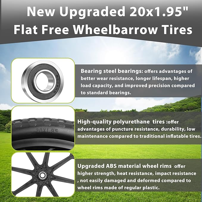 Upgraded 20" Flat Free Wheels Compatible with rubbermaid Wheelbarrow Tires, 20" Flat Free Tires with 5/8" Bearings Replacement for rubbermaid Cart Wheels/Big Wheel Utility Carts(5/8" Bearings)