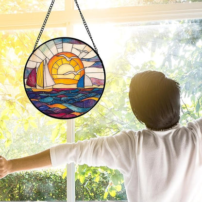 Stained Glass Window Hanging, Sailboat and Waves Suncatcher Diamond Glass Panel Hangings Sun Catchers Decor for Birthday for Women, Men, Wife, Aunt, and Mom 7.8 in