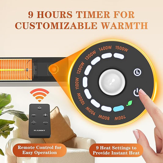 2S Fast Heating Infrared Outdoor Heater, 9 Heating Levels Electric Patio Heater with Motion Sensor, 34 In 9H Timer Remote Control Wall Mounted Garage Heaters, for Porch, Gazebo, Workshop and Indoor