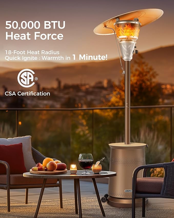 50,000 BTU Patio Heater for Outdoor Use With Adjustable Heat Focusing Top, Portable Propane Patio Heater with Wheels, Stainless Steel Burner for Porch Deck Garden (Brown)