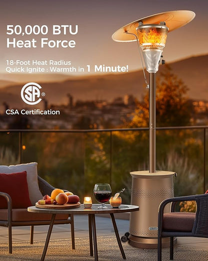 50,000 BTU Patio Heater for Outdoor Use With Adjustable Heat Focusing Top, Portable Propane Patio Heater with Wheels, Stainless Steel Burner for Porch Deck Garden (Brown)
