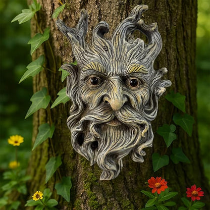 Mustache Tree Face Sculpture, Funny Mustache Old Man Tree Hugger Statue, Indoor & Outdoor Creative Props for Garden and Home,9" x 7" x 2.4"