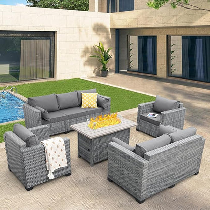 5 Piece Wicker Patio Furniture Sets Outdoor Conversation Set, PE Rattan Sectional Sofa Couch with 45" Fire Pit Table and Non-Slip Grey Cushions, Furniture Covers Included