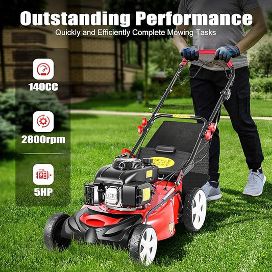 5Hp 4 Stroke Gas Push Lawn Mower, Self-Propelled Gas Powered Lawn Mower with Bagger, 20-inch & 140CC Gas Mower, 8 Adjustable Heights for Small to Medium Sized Yards