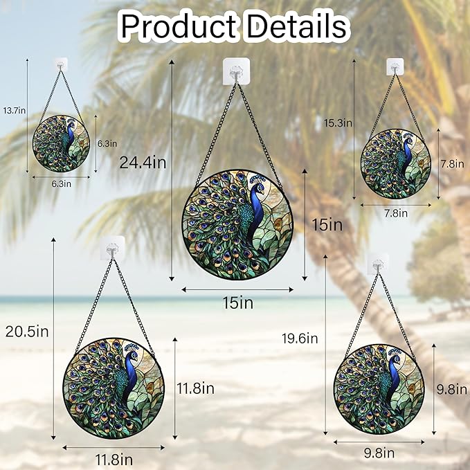 Stained Glass Window Hanging, Turquoise Peacock Sun Catcher for Door Home Decor Blue Green Suncatcher Christmas Mother's Day Birthday Gifts for Women Men Mom and Nana 15 in
