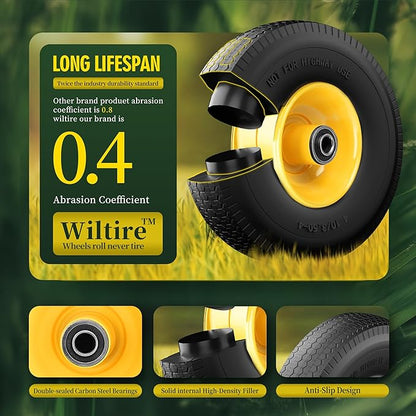 (2 Pack) 4.10/3.50-4 Flat Free Tire and Wheel 10-Inch Solid Wheel Replacement with 5/8 Extra 3/4 &1/2 Bearings,2.2" Offset Hub -Compatible with Hand Truck,Wheelbarrow(Wave,Yellow)