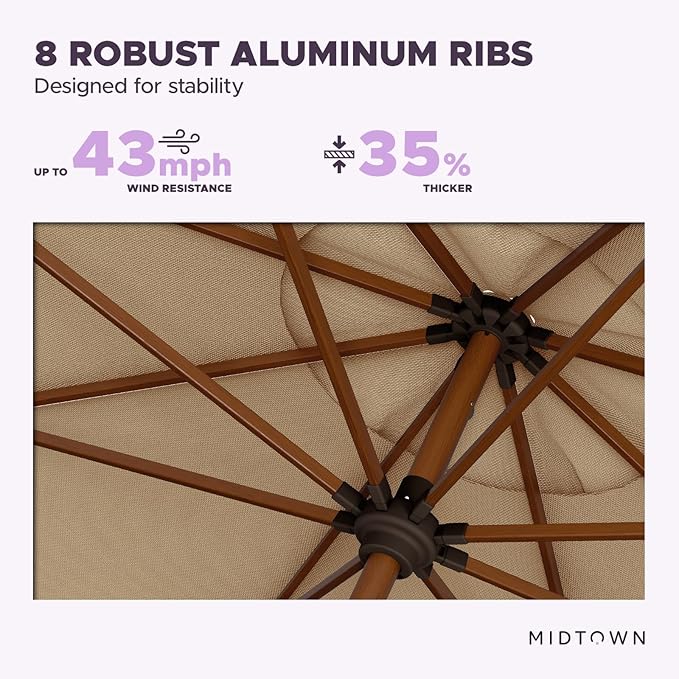 Midtown Umbrellas Sunbrella Umbrella Outdoor Patio Umbrella 2-9 Feet in Heather Tan Acrylic Fabric, Auto-Tilt Aluminum Frame For Backyard Umbrella, Deck Umbrella & Porch Umbrella - Wooden Pole