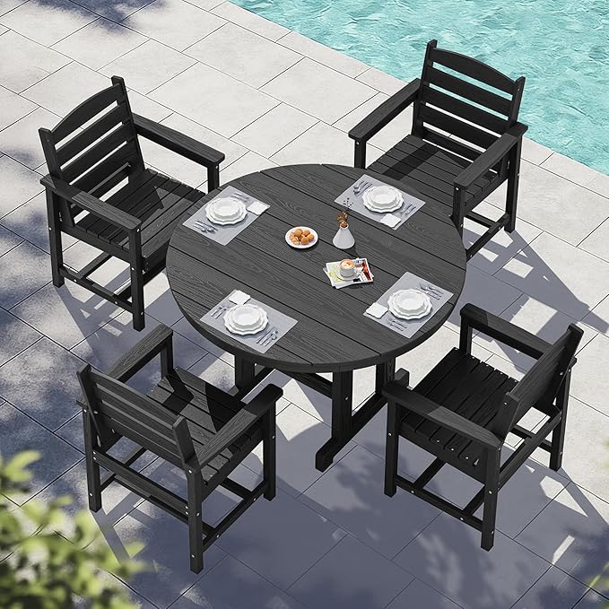 SERWALL 5-Piece Outdoor Round Dining Sets, HDPE Patio Table and Chairs Furniture Set, 45" Round Dining Table and 4 Dining Chairs, Black