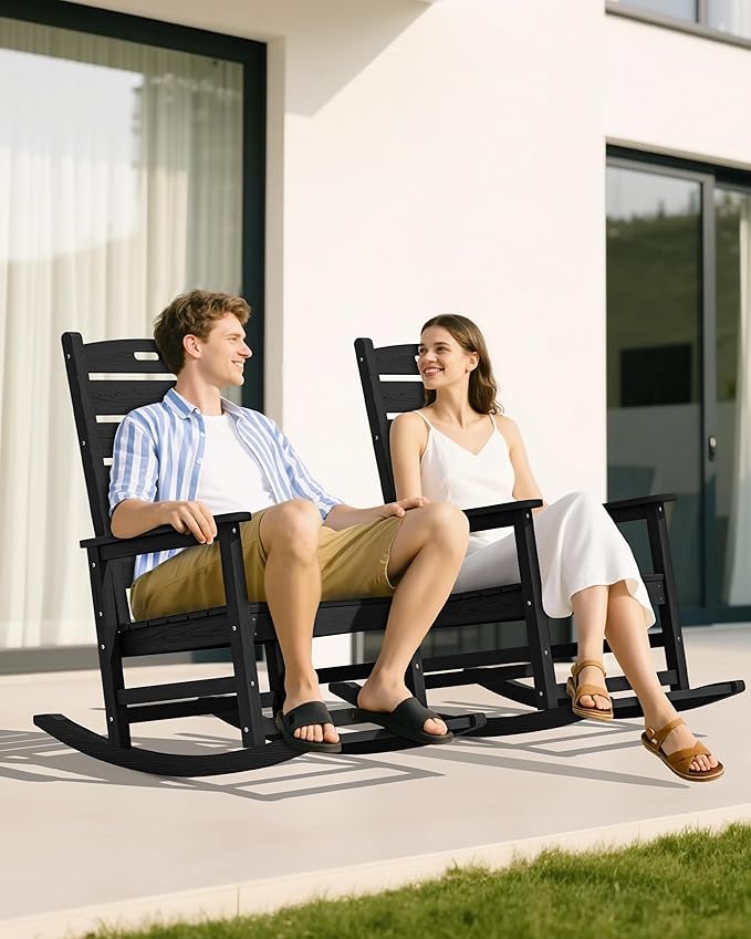 SERWALL Outdoor Rocking Chair Set of 2, Oversized Rocking Chair with Footboard for Adults, HDPE All Weather Rocking Chairs for Patio, 350lbs Weight Capacity, Black